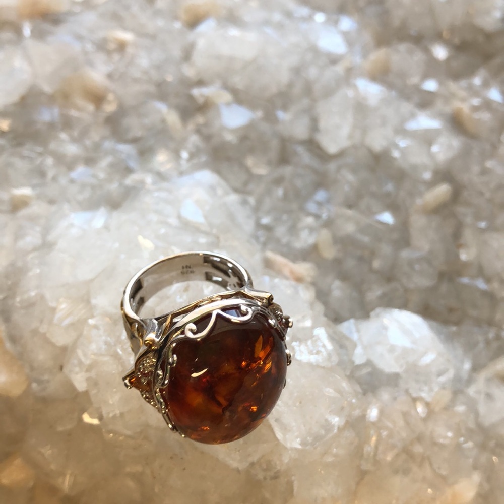 Baltic Amber, Citrine, Sterling Silver, 18K Plating Ring By Gems En Vogue - Picture 9 of 16